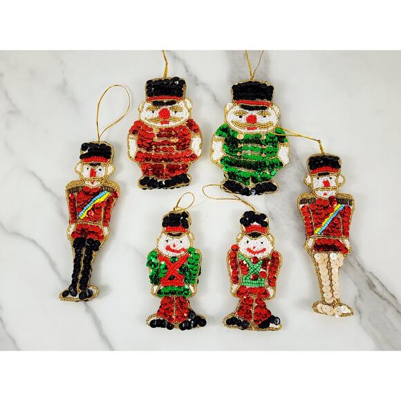 Christmas Ornament Sequins And Beaded Soldiers 4" Handmade 90's Two Sided x6 Vtg - Picture 10 of 13